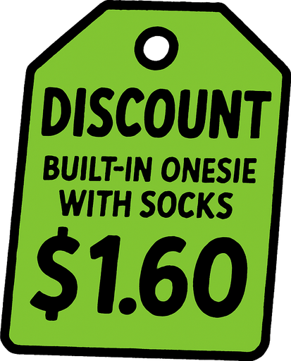 Green pricetag that says discount built in onesie with socks $1.60.
In-Game asset.  2d.  High contrast.  No shadows