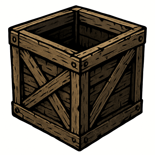 "An open-top, cube-shaped wooden crate found during the zombie outbreak. png format. no background".
In-Game asset.  2d.  High contrast.  No shadows. cartoon