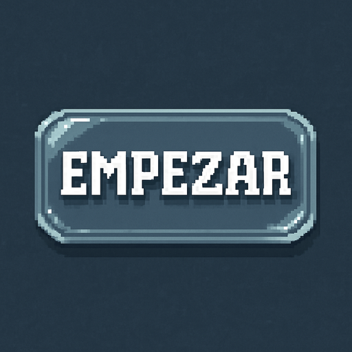 Transparent, colorless glass button that says "Empezar" (Spanish for "Start"), featuring an adventure video game font and Pixel Art style.