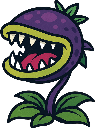 Planta Carnívora con una cabeza grande y ovalada de color púrpura oscuro, salpicada con manchas más claras del mismo tono. Su boca es enorme, bordeada por un labio verde lima y llena de dientes blancos y afilados. Dentro de su boca, se ve una lengua rosada y una garganta oscura. Un tallo delgado y púrpura sostiene la cabeza, y en su base, tiene varias hojas verdes que se curvan hacia abajo. Pequeñas hojas puntiagudas también brotan de la parte superior y trasera de su cabeza..
In-Game asset.  2d.  High contrast.  No shadows