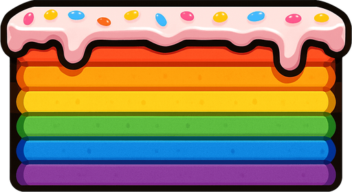 lateral view of a flat rainbow cake in rectangular platform shape for a platformer game.
In-Game asset.  2d.  High contrast.  No shadows