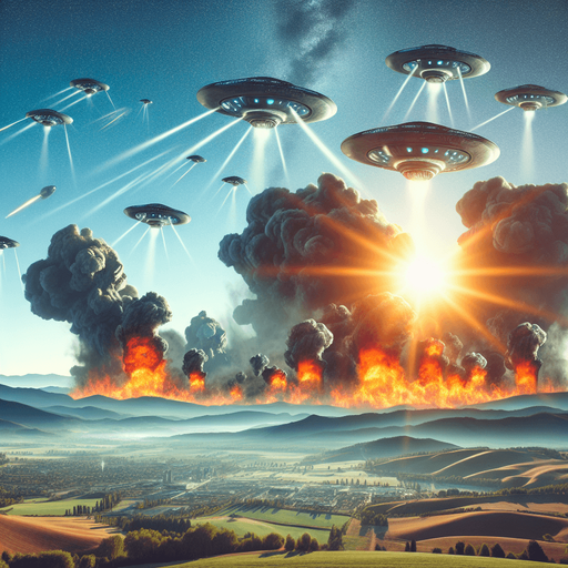 sunny day, hilly landscape. there is an alien invasion taking place in the distance. cities burning.