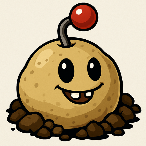 La imagen muestra a una planta del videojuego "Plants vs. Zombies". Es una "Potato Mine" (Papa Mina), un tipo de planta explosiva.

Características de la imagen:

Forma: Tiene una forma redondeada y abultada, como la de una patata, que sobresale del suelo.

Color: Es de color beige o marrón claro.

Textura: Parece tener una superficie algo irregular, sugiriendo la textura de una patata o tierra.

Cara: Posee dos ojos grandes y negros, de forma ovalada, y una pequeña boca sonriente con dos dientes frontales visibles. Esto le da una expresión amigable.

Elemento superior: De la parte superior de la "patata" emerge un tallo gris delgado que sostiene una esfera roja brillante con un pequeño punto blanco en el centro. Esta esfera se asemeja al detonador de una mina o a una palanca de encendido.

Base: Está rodeada por terrones de tierra o rocas pequeñas de color marrón oscuro, dando la impresión de que acaba de brotar del suelo o está parcialmente enterrada..
In-Game asset.  2d.  High contrast.  No shadows