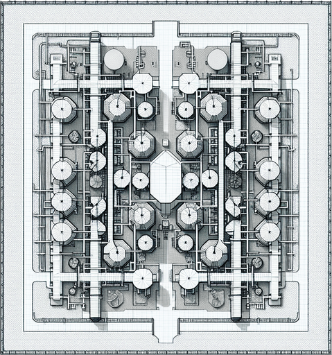 Simple Spice Refinery with silos and a rectangular fence..
Zenith view Directly overhead. Plumb view.