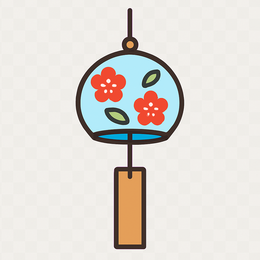 A flat, vector-style illustration of traditional Japanese wind chimes (furin) hanging from a string with a small paper tag. Gentle, peaceful design, transparent rounded background, suitable for mobile UI use..
In-Game asset.  2d.  High contrast.  No shadows