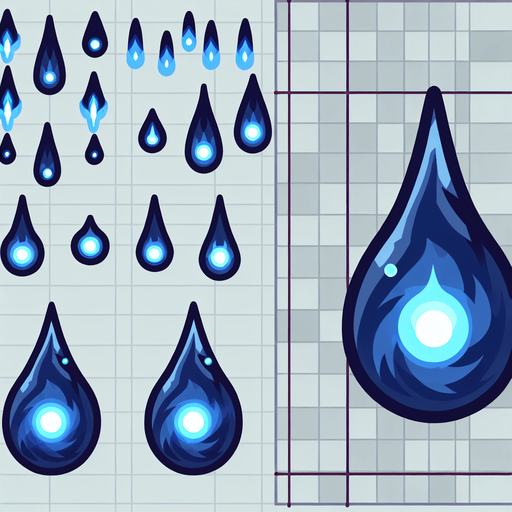A sprite sheet of energy projectiles. Dark blue projectiles tear shaped with light blue energy core.
Single Game Texture. In-Game asset. 2d. Blank background. High contrast. No shadows.