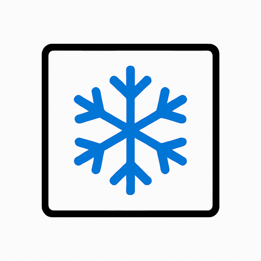 top-down view, simple minimal white square icon, centered ice crystal or snowflake symbol inside, clear sharp lines, no background, clean style, for game UI button, 30x30 px, black border, blue.
In-Game asset.  2d.  High contrast.  No shadows
