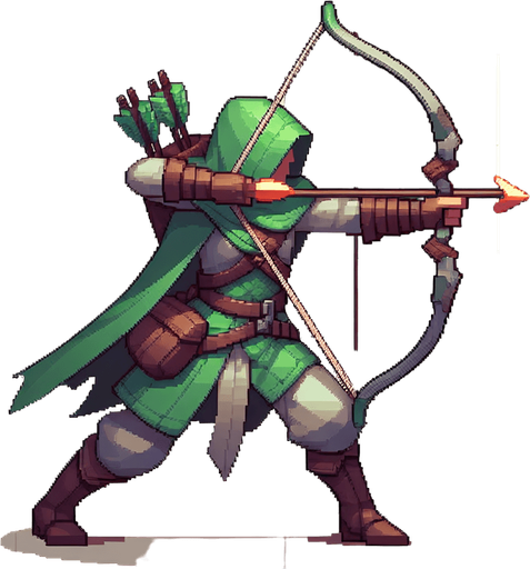 yeşil tatlı ok atmaya hazırlıklı okçu karakter.
Single Game Texture.  In-Game asset.  2d.  Blank background.  High contrast.  No shadows