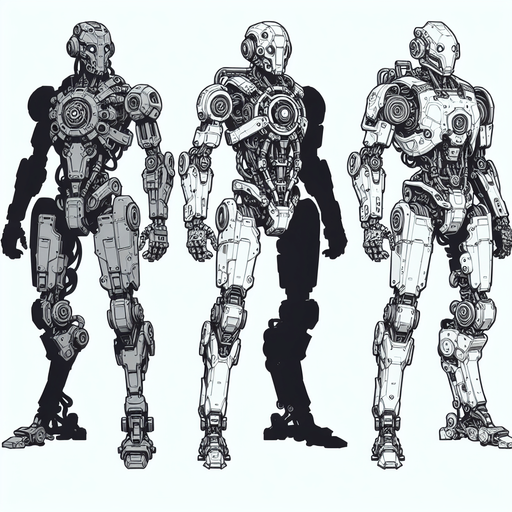 Humanoid robots.
Single Game Texture. In-Game asset. 2d. Blank background. High contrast. No shadows.