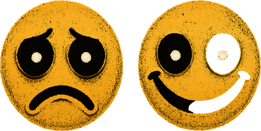 Creepy sad and happy emoji with black eyes and white people's.
In-Game asset.  High contrast.  No shadows