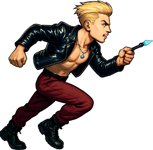 Arm positions & leg positions switched, reversed, Cyberpunk manga, side profile view running animation frames, shiny black leather biker jacket longsleeves shirtless thin abs pecs necklaces gemstone tipped wand, action shot wand pointed straight in front arm extended wand casting spell fierce fashion pose animation blonde undercut pompadour, vampire fangs, wine red joggers, combat boots, Background removed, "Full-body character, entirely in frame, no cropping of face, head, or feet" "Complete character visible, from head to toe, fully centered in the image" "Entire character, including face and boots, fully within the frame" Character fully contained within a square frame, no edges cut off,