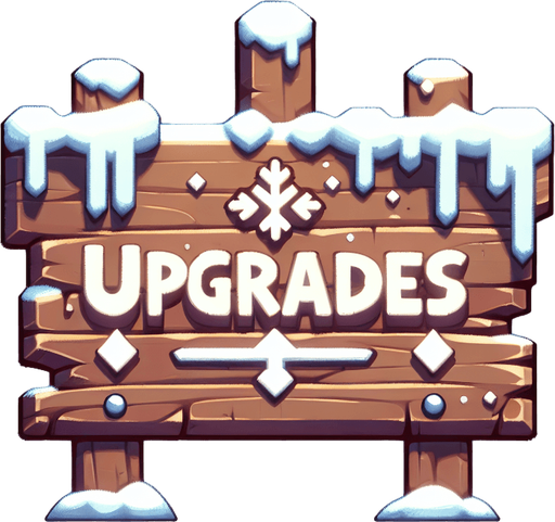 A wooden sign with text "UPGRADES" in a winter theme.
Single Game Texture. In-Game asset. 2d. Blank background. High contrast. No shadows.