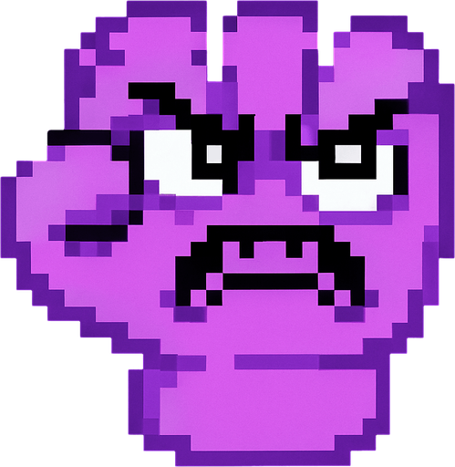 make a purple 2d pixel punch with eyes and angry face.
In-Game asset.  2d.  High contrast.  No shadows
