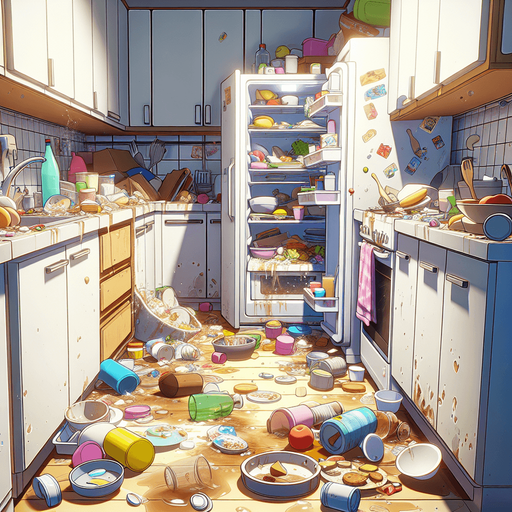 dağınık bir mutfak, odanın içinden görünüm. 3d renkli anime, çizgi film