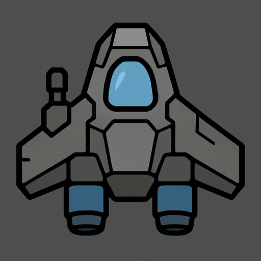 Design a basic 2D top-down spaceship with a compact, angular body and minimal detailing. The ship should have a small central cockpit, two modest rear thrusters, and one weapon mount. Colors are simple — grays and blues — suggesting a utilitarian design. It should look like a beginner’s ship: reliable but not advanced.
In-Game asset.  2d.  High contrast.  No shadows