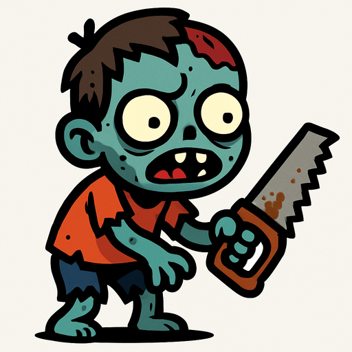 2D. Child (small) zombie. He has a small saw in his hand..
In-Game asset.  2d.  High contrast.  No shadows