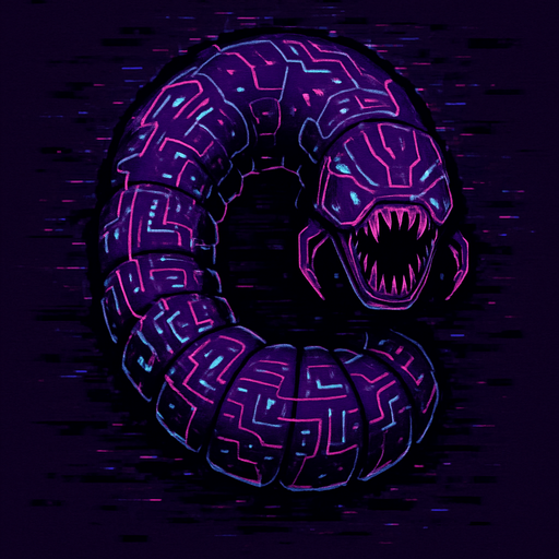 giant worm-like virus creature, segmented body, glowing circuit patterns, top-down view, menacing style, glitch effects, sci-fi, dark purple and neon accents, symmetrical, circular..
In-Game asset.  2d.  High contrast.  No shadows