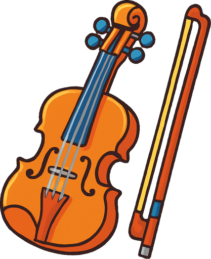 A colorful, cartoon-style 2D illustration of a classical violin with a bow beside it. The body should be rich brown with visible strings, pegs, and f-holes. Designed with soft shadows and rounded edges for use in a kids’ music game. Export as a transparent rounded background PNG..
In-Game asset.  2d.  High contrast.  No shadows