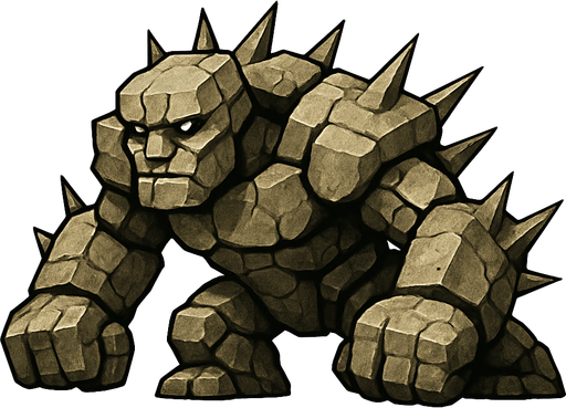 un golem de piedra con puas plano en horizontal en 3d muy realista.
In-Game asset.  2d.  High contrast.  No shadows
