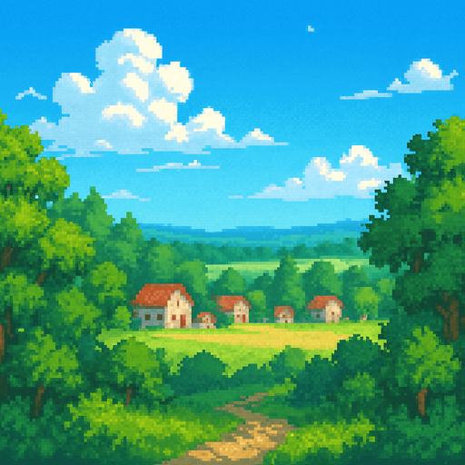 16 bit image langit biru cerah, daerah hutan luas, di kejauhan ada pedesaaan sederhana. suasana pagi hari langit biru.
In-Game asset.  2d.