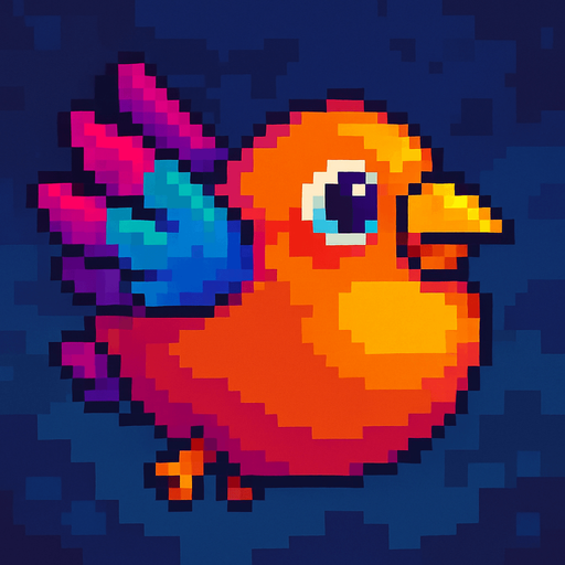 Big fat flaying bird ( Piksel art). Cute. Colorful 
In-Game asset.  2d.  High contrast.