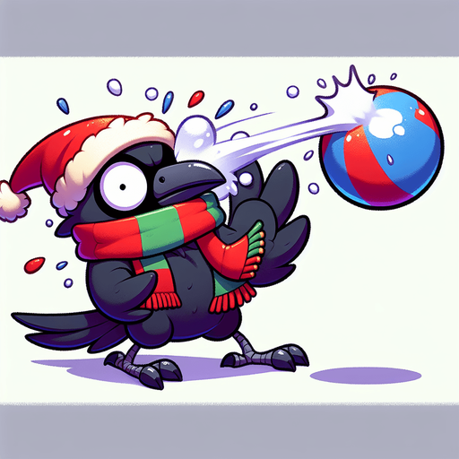 raven with christmas hat and colorful scarf got hit by a snowball in the air, he is shocked, cartoon Single Game Texture. In-Game asset. 2d. Blank background. High contrast. No shadows.