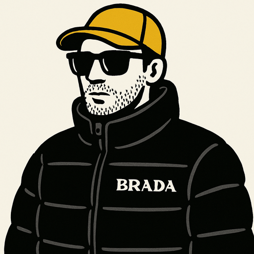 siyah renk prada montlu bir adam görseli oluştur , bu montu giyen adam sarı şapkalı , siyah güneş gözlüklü , hafif kirli sakallı bir tip olsun. prada yerine görselde "BRADA" yazsın
In-Game asset.  2d.  High contrast.  No shadows