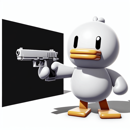 Белая мультяшная утка держит ружье и направляет в экран..
Single Game Texture. In-Game asset. 2d. Blank background. High contrast. No shadows.