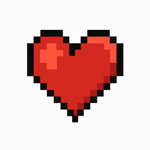 Red heart pixel art.
In-Game asset.  2d.  High contrast.  No shadows