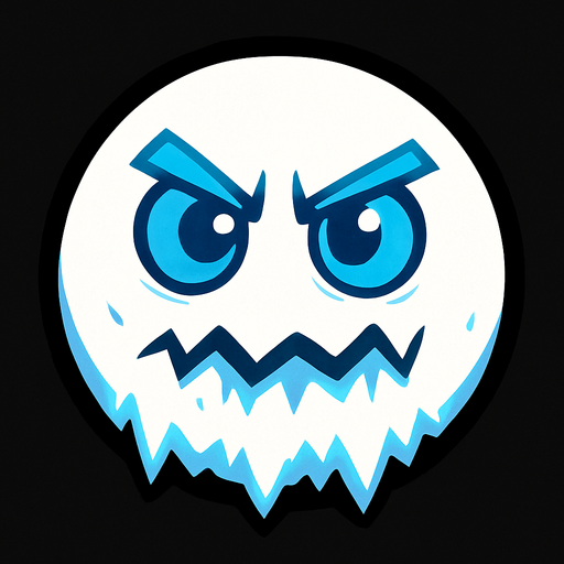 a white circle with blue eyes and an icy face.
In-Game asset.  2d.  High contrast.  No shadows