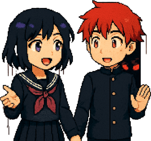 Pixel art illustration. A 15-year-old anime-style boy and girl in Japanese school uniforms are talking while gesturing with their hands. Very close to them is a row of lockers. In the one at the center, a pair of glowing red eyes peer through the slats. They belong to a yandere—obsessed, crazy, and jealous—whose face and body remain hidden in the darkness inside the locker.