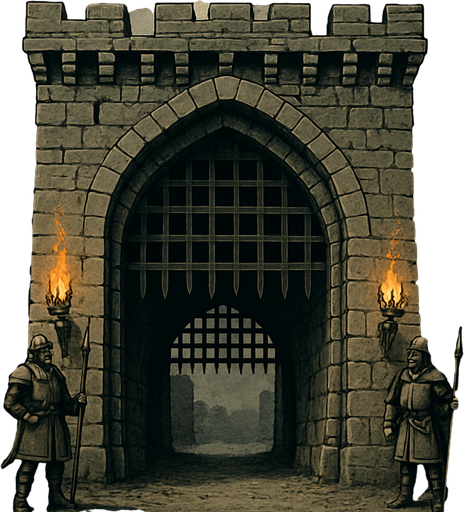 A massive medieval stone gate with iron portcullis, guards watching travelers, torches burning in brackets, heavy clouds above, realistic.
In-Game asset.  2d.  High contrast.  No shadows