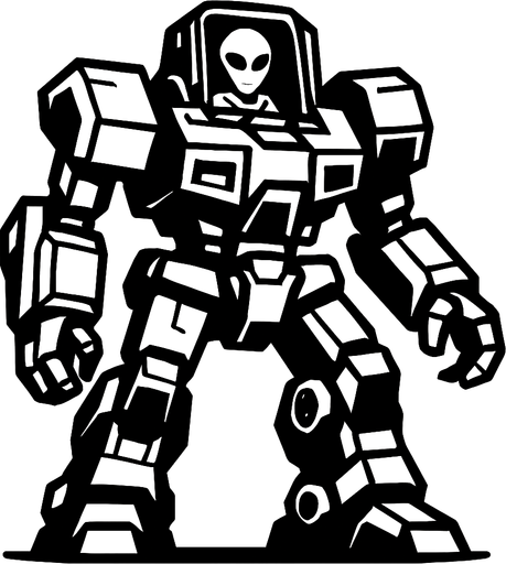 Giant space robot with grey alien controlling it from cockpit in head
In-Game asset.  2d.  High contrast.  No shadows