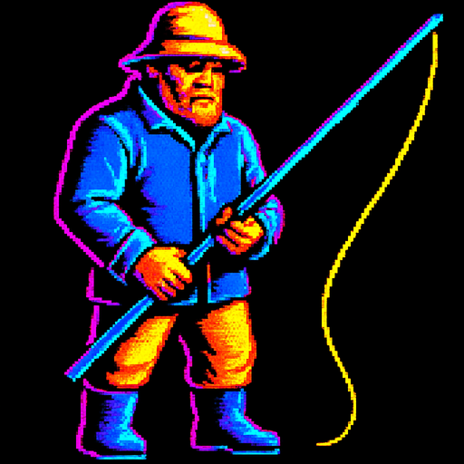 A commercial fisherman standing stoicly, looking down and holding a fishing pole out, fishing.  80s arcade machine graphics..
In-Game asset.  2d.  High contrast.  No shadows