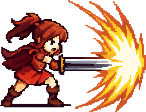 swordsgirl hero attack, sending shockwaves, pixel art, no background.
In-Game asset.  2d.  High contrast.  No shadows