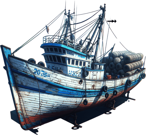 blue white color fishing ship.
Single Game Texture.  In-Game asset.  2d.  Blank background.  High contrast.  No shadows