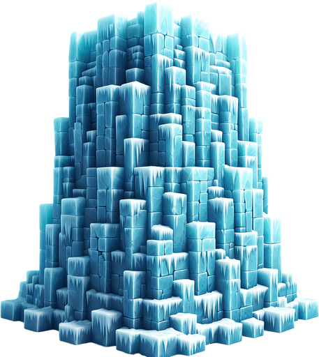 A turret tower built of ice blocks. Front view perspective. Single Game Texture. In-Game asset. 2d. Blank background. High contrast. No shadows.