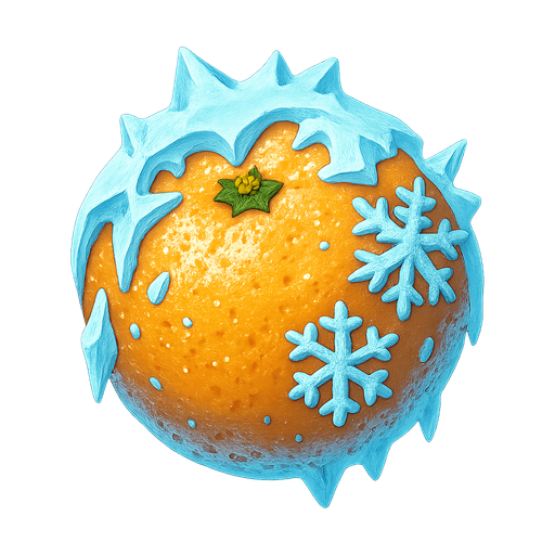 Frozen orange.
Single Game Texture.  In-Game asset.  2d.  Blank background.  High contrast.  No shadows