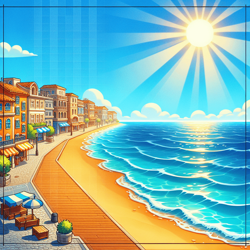A beautiful scenery looking out to sea from an empty beach side promenade on a bright summer day. Happy game illustration style for a casual family friendly game..
Single Game Texture. In-Game asset. 2d. Blank background. High contrast. No shadows.