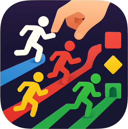 Modern App Store icon, high definition, square with rounded corners, for a game titled "Color Runner Dispatcher" and with the description "Drag and drop colored runners onto matching lanes, rerouting them in real time to deliver them to the correct colored destination. Score points for perfect matches and build combos, but avoid mistakes as the game speeds up!". No text on icon!