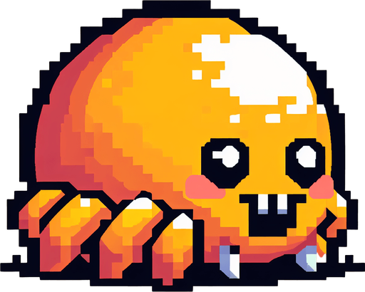 a cute orange-yellow spider, side view, pixel art, fangs, no shadow
Single Game Texture. In-Game asset. 2d. Blank background. High contrast. No shadows.