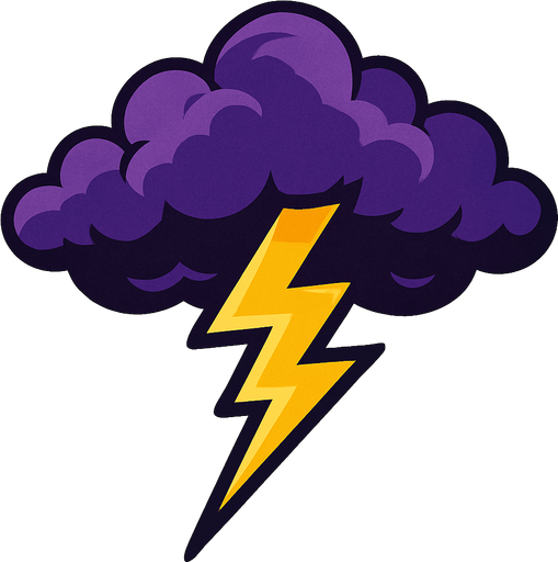 Nubes moradas de las que cae un rayo amarillo más realista en 2D.
In-Game asset.  2d.  High contrast.  No shadows