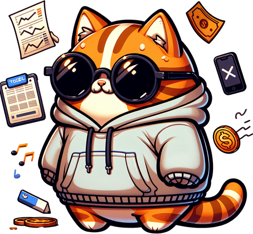 The character in the image is a cartoon-style, orange tabby cat with noticeable stripes, wearing oversized, round, dark opaque sunglasses. Its body is smaller compared to its head, emphasizing a cute, chubby appearance. Dressed in a simple, light-colored hoodie with a drawstring, this cat, equipped with a digital device and papers scattered around, embodies the essence of a stock tracker in a state of urgency, trying to sell tokens rapidly. With its paws depicted as if managing multiple tasks at once, the character combines a playful and whimsical style with the dynamic, sometimes chaotic world of trading, making it an engaging mascot or protagonist for narratives exploring the fast-paced realm of finance..
Single Game Texture. In-Game asset. 2d. Blank background. High contrast. No shadows.