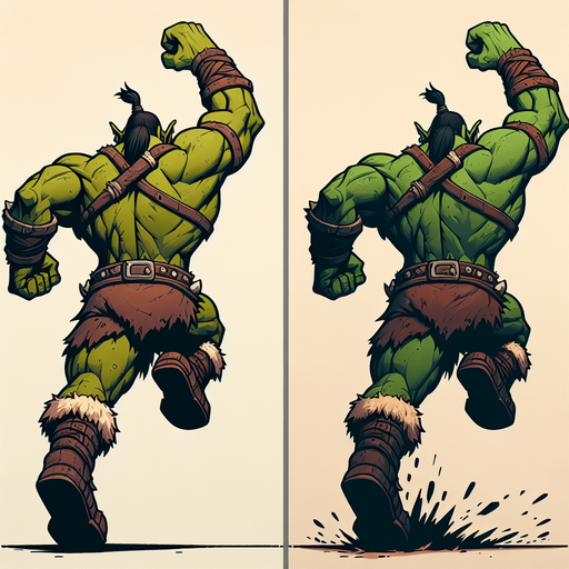 Two images of an orc. one running and one jumping to attack. both from behind, rear view. cartoon.
Single Game Texture.  In-Game asset.  2d.  Blank background.  High contrast.  No shadows