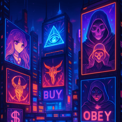 cyberpunk neon anime metropolis skyline holograms billboards, occult-capitalism-consumerism imagery nighttime futuristic architecture glow