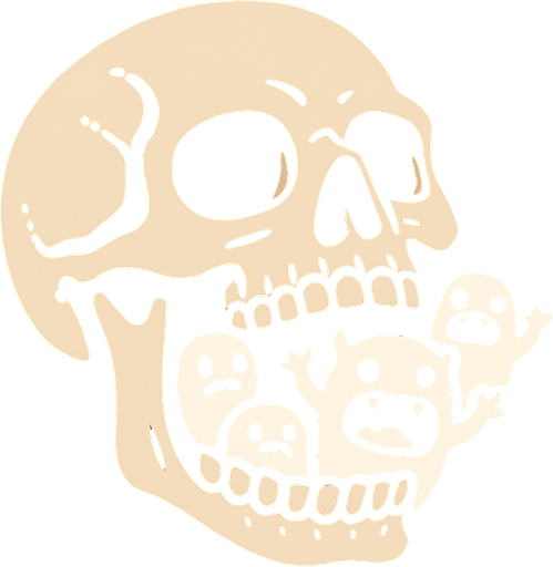 cabeza de esqueleto con montruos blancos en la boca.
In-Game asset.  2d.  High contrast.  No shadows