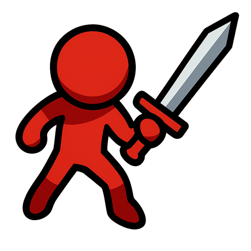Red stickman with a sword.
In-Game asset.  2d.  High contrast.  No shadows. Topdown