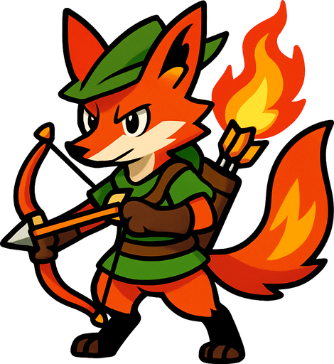 Um monstrinho Raposa+Lobó Guará+Robinwood do tipo Fogo inspirado em Pokémon e Digimon estilo Arqueiro.
In-Game asset.  2d.  High contrast.  No shadows