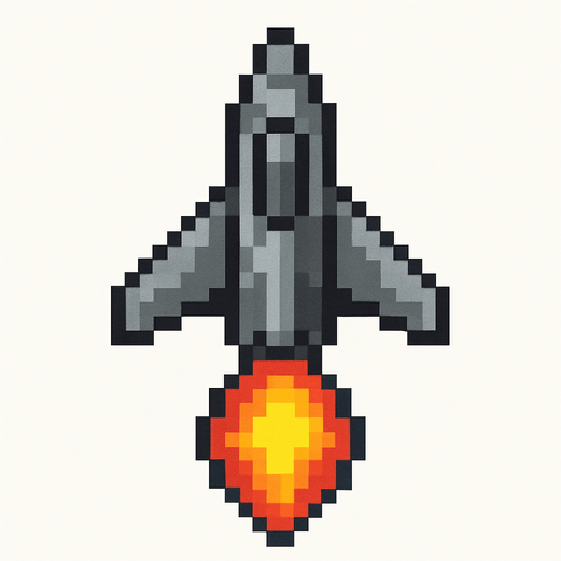 Пиксельный корабль сверху с нарисованным огнем спереди вид сверху.
In-Game asset.  2d.  High contrast.  No shadows