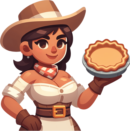 upper torso of a western cartoon barladygetting ready to throw a pie. front view.
Single Game Texture. In-Game asset. 2d. Blank background. High contrast. No shadows.